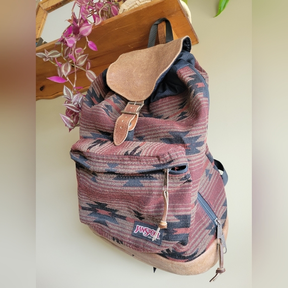 Vintage 90s Jansport Leather Aztec Backpack Burgundy Tan Black Made In USA - Picture 5 of 10